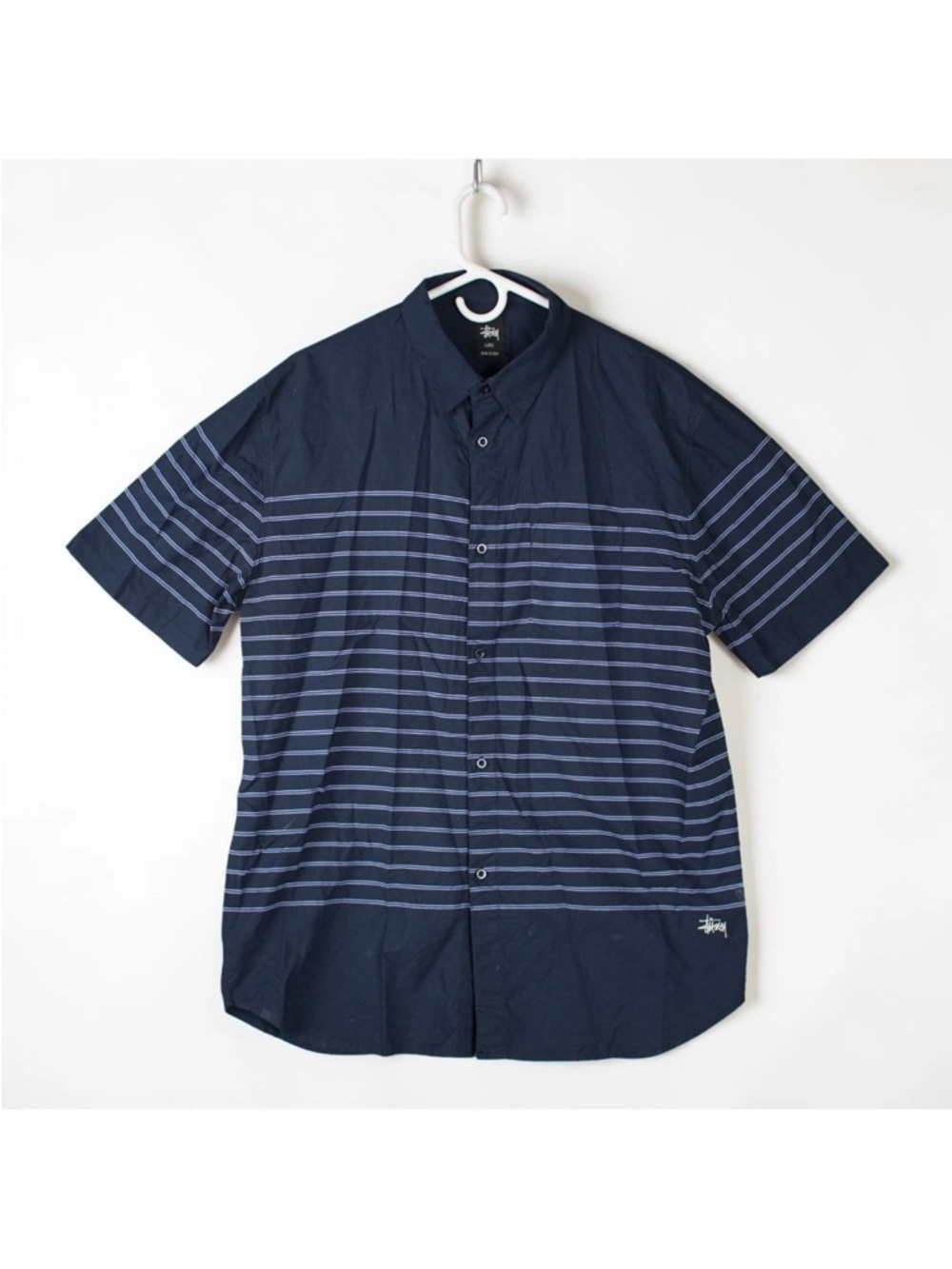 Stussy Short Sleeve Button Up Shirt Mens X-Large Navy Blue Striped Logo Street